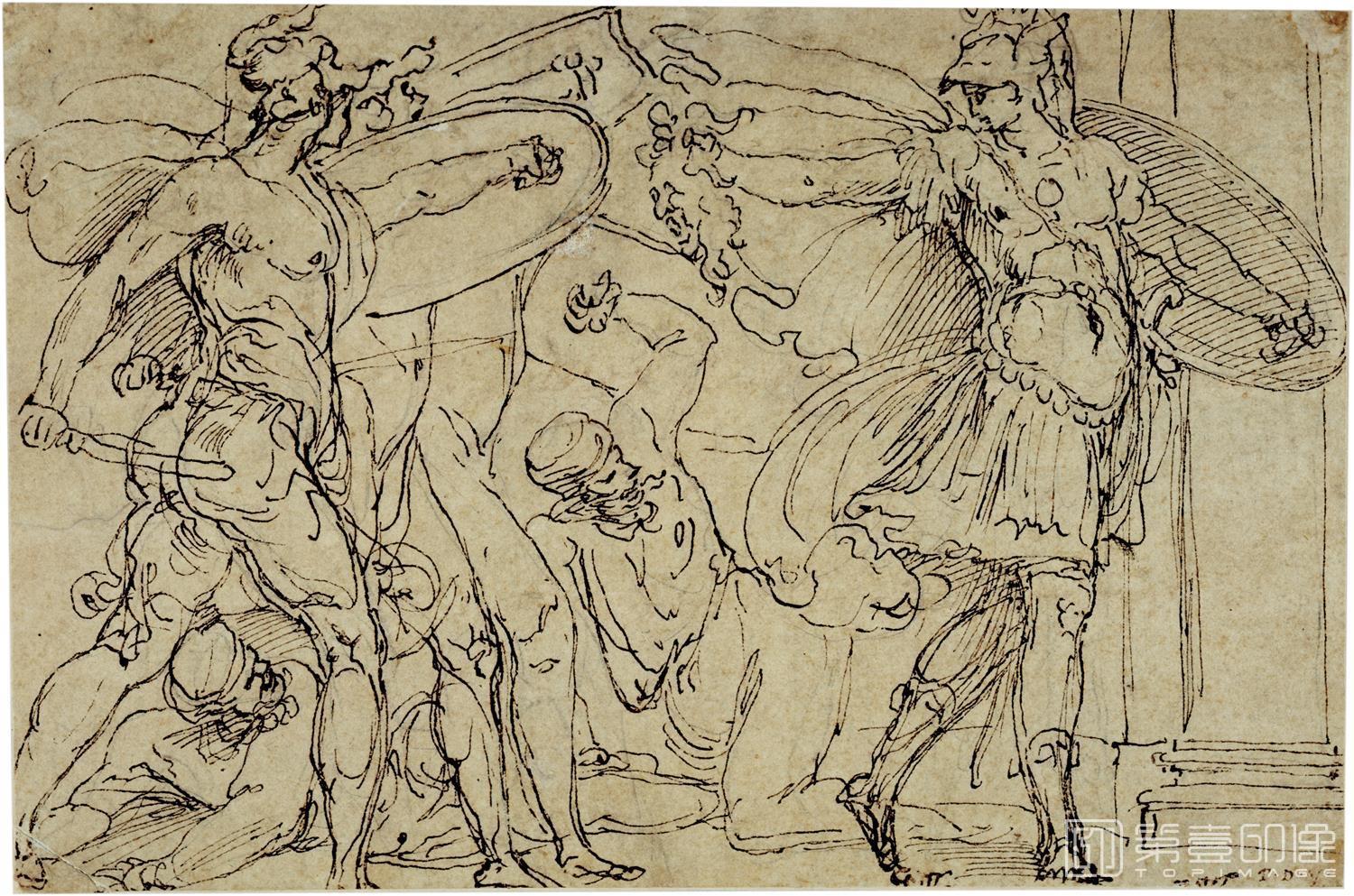 素描-西班牙普拉多美术馆素描藏画-Perino del Vaga-Perseo petrificando a Fineo y a sus guerreros-1509